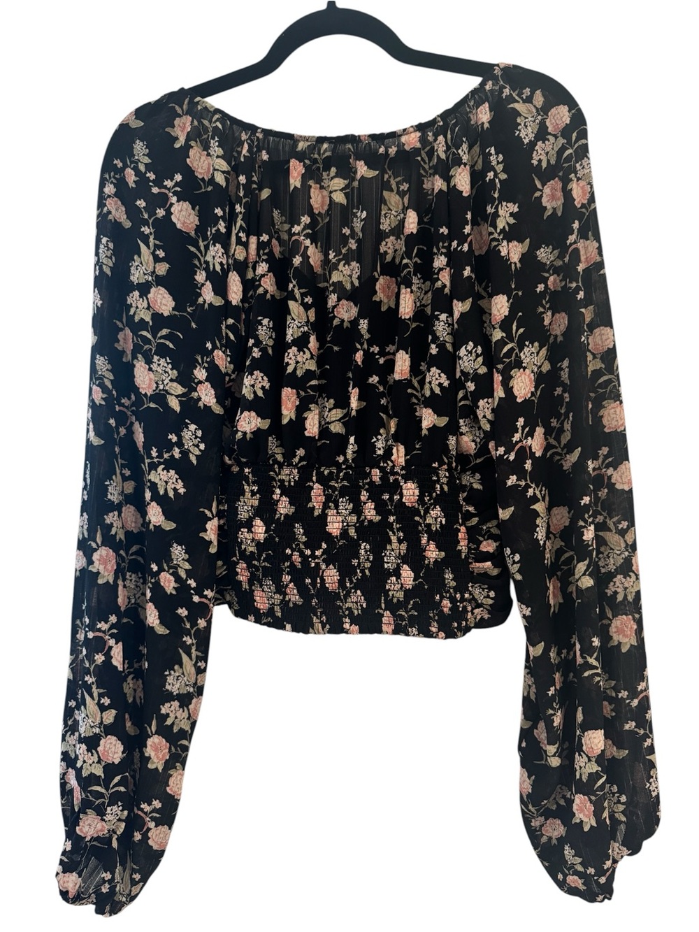 Free People Black Floral Ruched Long-Sleeve Blouse - Picture 4 of 4